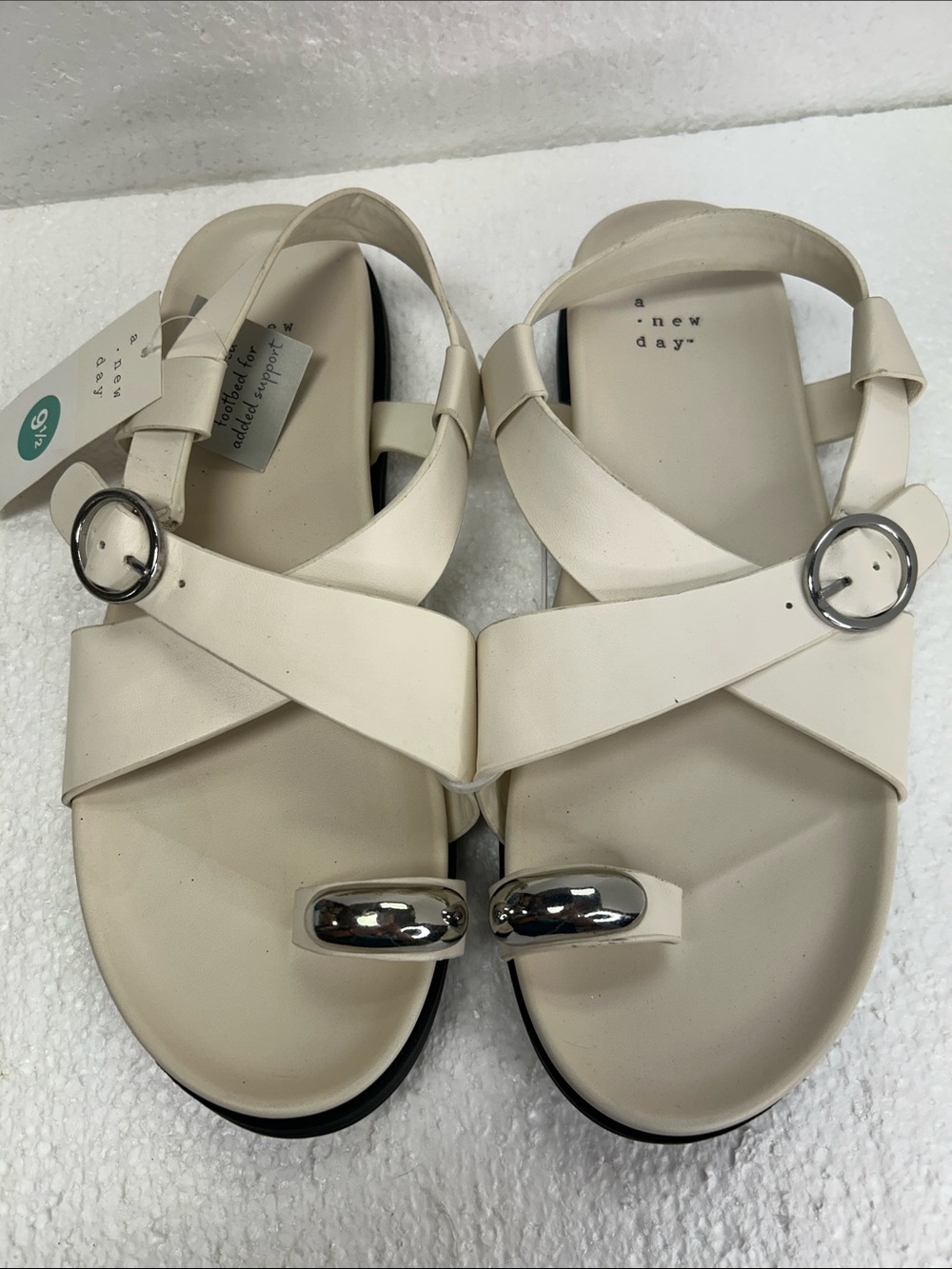 a new day Cream Cross-Strap Sandals with Metallic Toe Accent